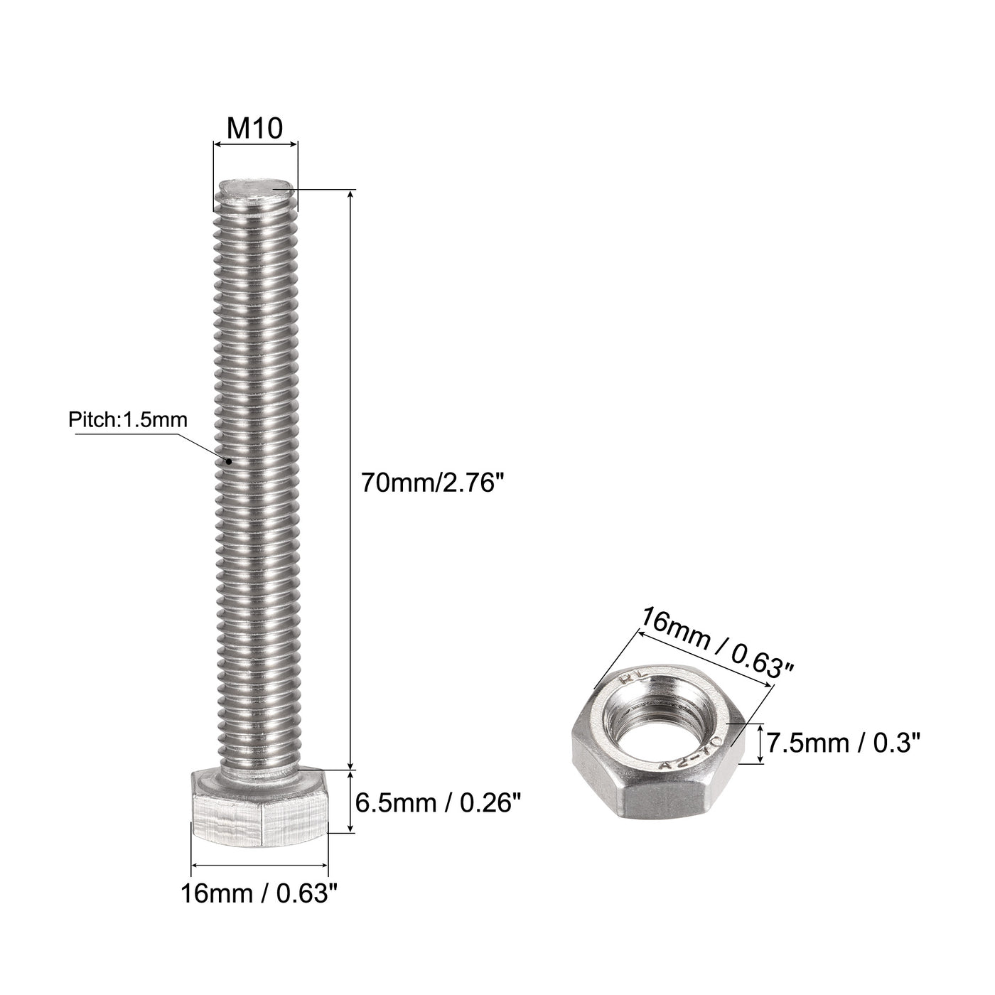 uxcell Uxcell M10 x 70mm Hex Head Screws Bolts, Nuts, Flat & Lock Washers Kits, 304 Stainless Steel Fully Thread Hexagon Bolts 4 Sets