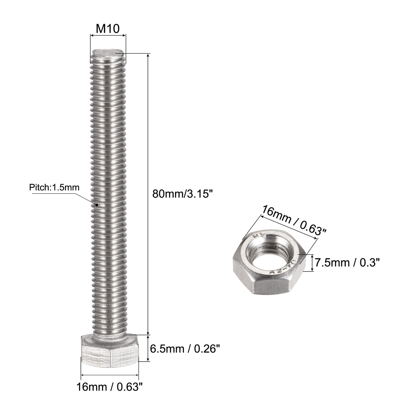 uxcell Uxcell M10 x 80mm Hex Head Screws Bolts, Nuts, Flat & Lock Washers Kits, 304 Stainless Steel Fully Thread Hexagon Bolts 4 Sets