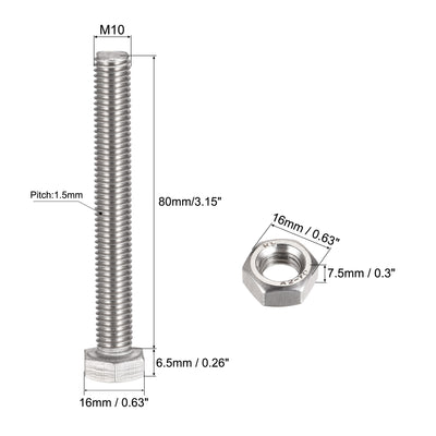 Harfington Uxcell M10 x 80mm Hex Head Screws Bolts, Nuts, Flat & Lock Washers Kits, 304 Stainless Steel Fully Thread Hexagon Bolts 4 Sets