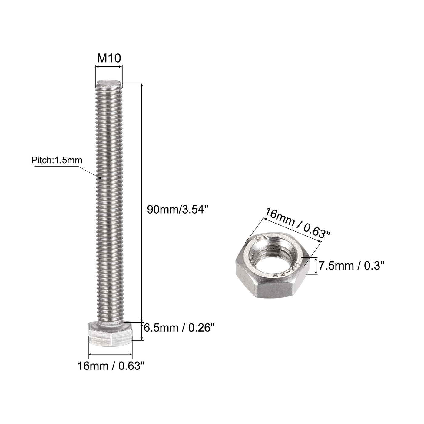 uxcell Uxcell M10 x 90mm Hex Head Screws Bolts, Nuts, Flat & Lock Washers Kits, 304 Stainless Steel Fully Thread Hexagon Bolts 4 Sets