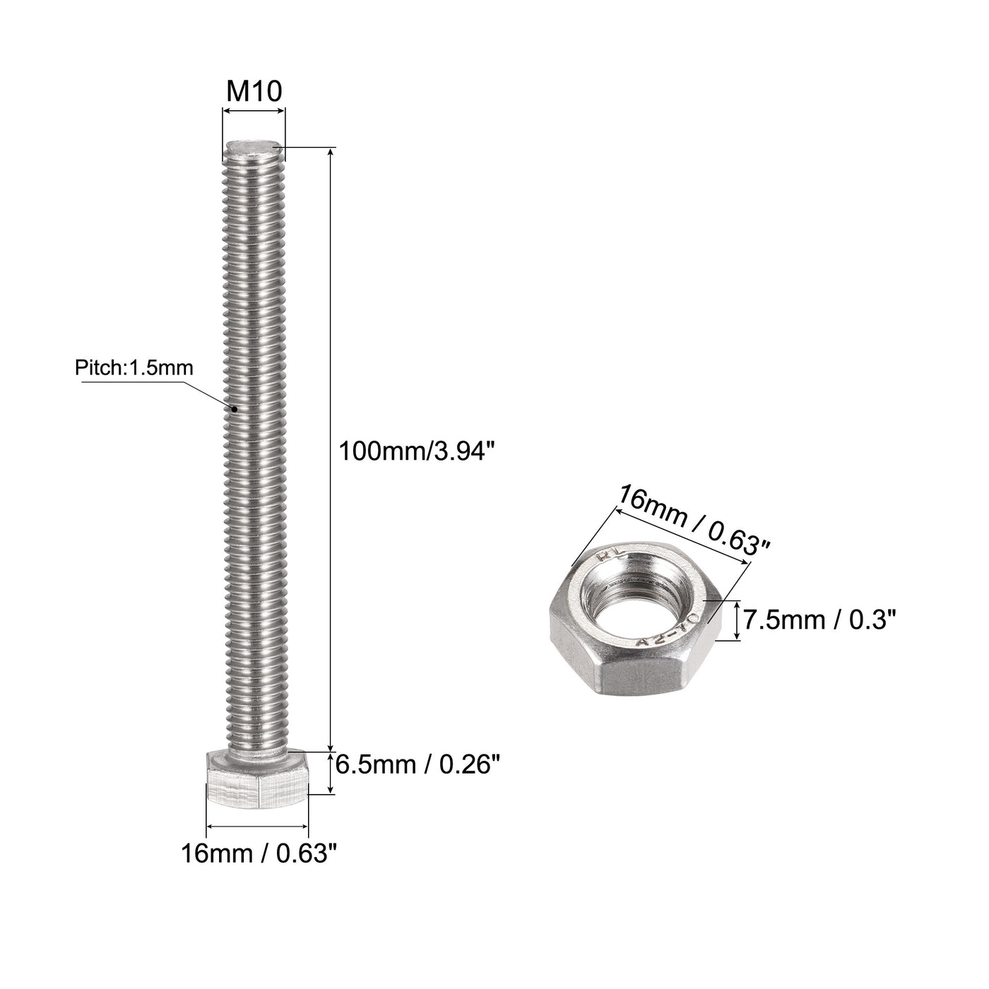 uxcell Uxcell M10 x 100mm Hex Head Screws Bolts, Nuts, Flat & Lock Washers Kits, 304 Stainless Steel Fully Thread Hexagon Bolts 4 Sets