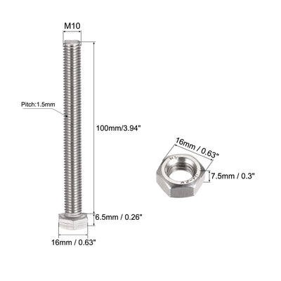 Harfington Uxcell M10 x 100mm Hex Head Screws Bolts, Nuts, Flat & Lock Washers Kits, 304 Stainless Steel Fully Thread Hexagon Bolts 4 Sets