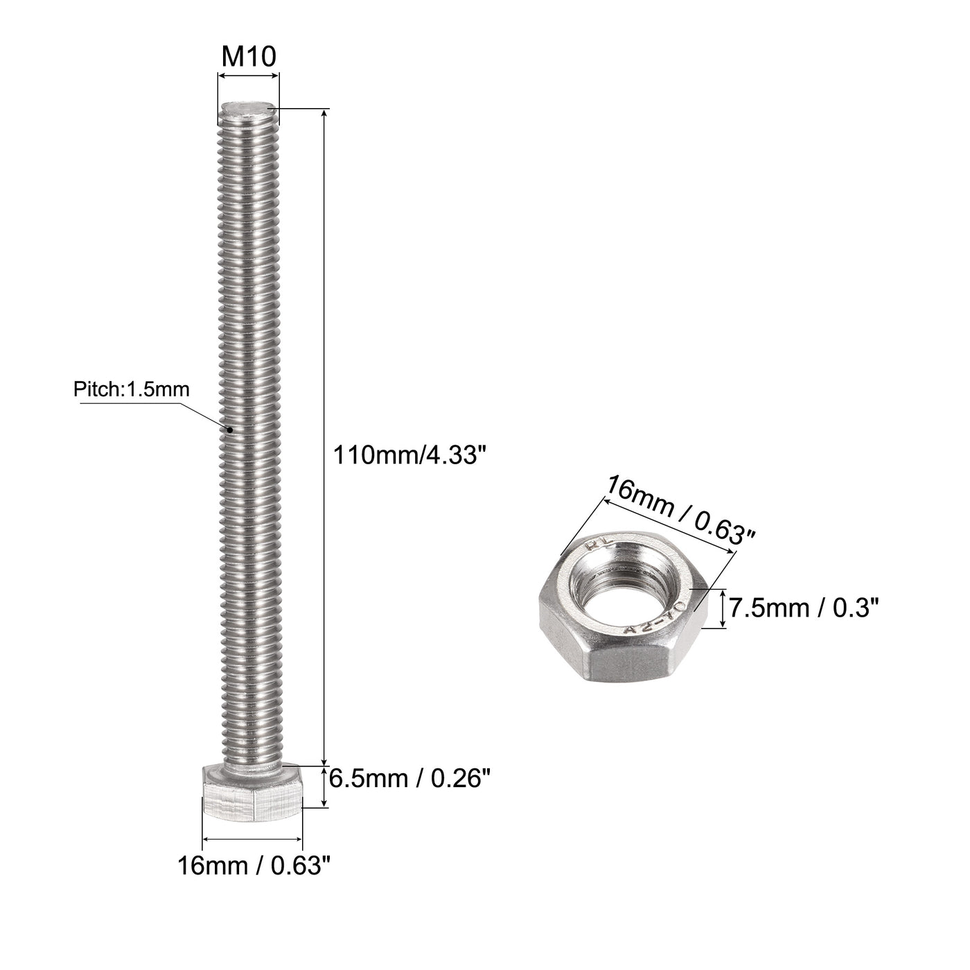 uxcell Uxcell M10 x 110mm Hex Head Screws Bolts, Nuts, Flat & Lock Washers Kits, 304 Stainless Steel Fully Thread Hexagon Bolts 4 Sets