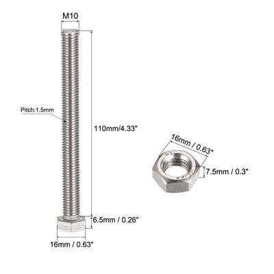 Harfington Uxcell M10 x 110mm Hex Head Screws Bolts, Nuts, Flat & Lock Washers Kits, 304 Stainless Steel Fully Thread Hexagon Bolts 4 Sets