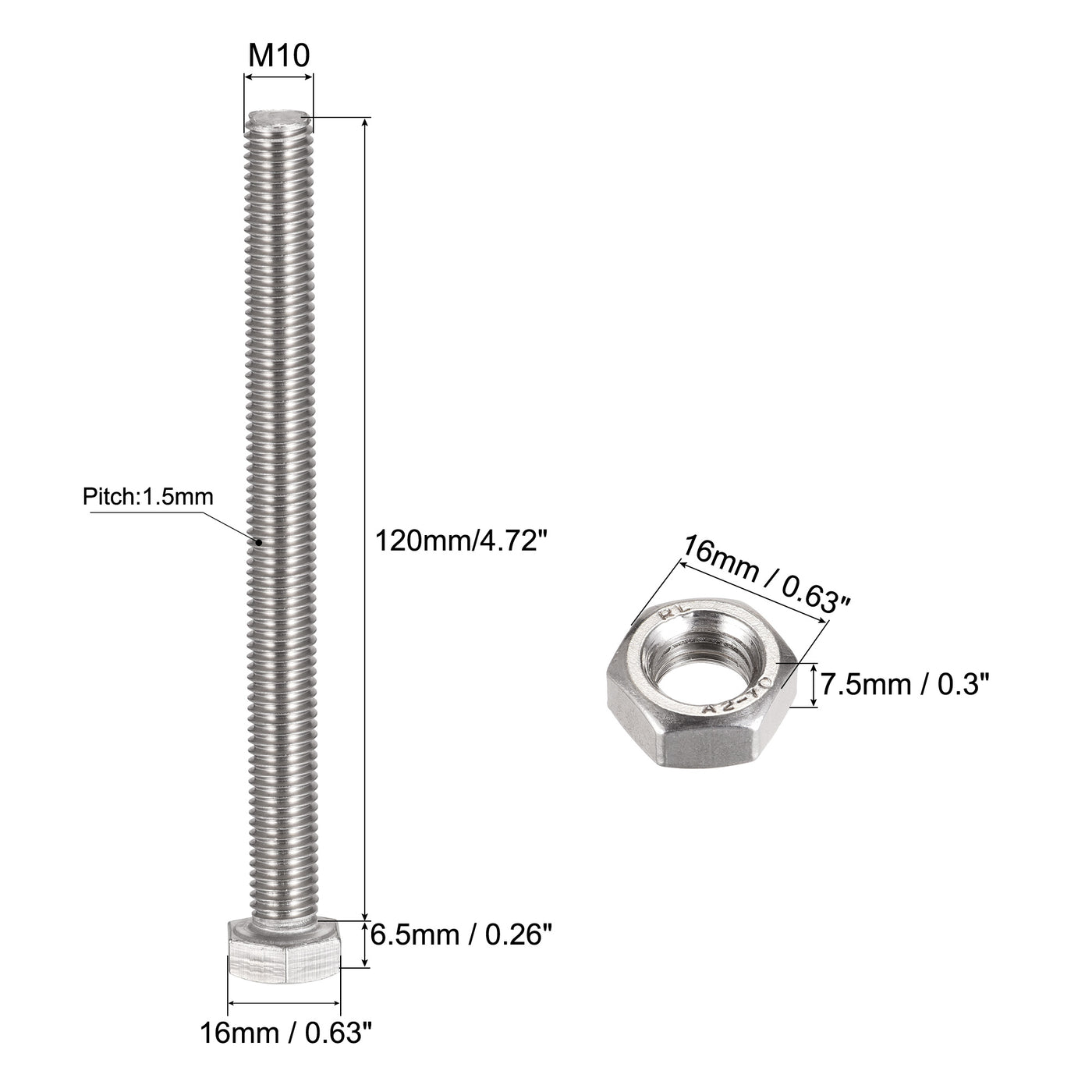 uxcell Uxcell M10 x 120mm Hex Head Screws Bolts, Nuts, Flat & Lock Washers Kits, 304 Stainless Steel Fully Thread Hexagon Bolts 4 Sets