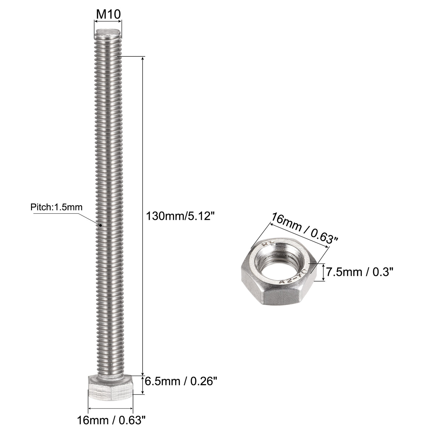 uxcell Uxcell M10 x 130mm Hex Head Screws Bolts, Nuts, Flat & Lock Washers Kits, 304 Stainless Steel Fully Thread Hexagon Bolts 4 Sets