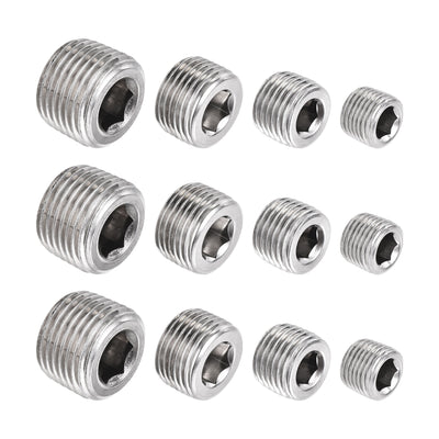 Harfington Uxcell Stainless Steel Internal Hex Pipe Plug Assortment 1/8PT 1/4PT 3/8PT 1/2PT Male Thread Socket Cap 4in1 3 Set