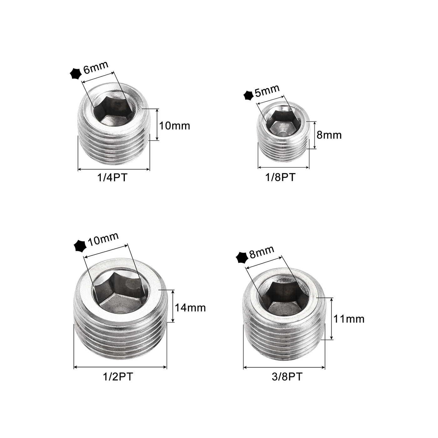 uxcell Uxcell Stainless Steel Internal Hex Pipe Plug Assortment 1/8PT 1/4PT 3/8PT 1/2PT Male Thread Socket Cap 4in1 2 Set