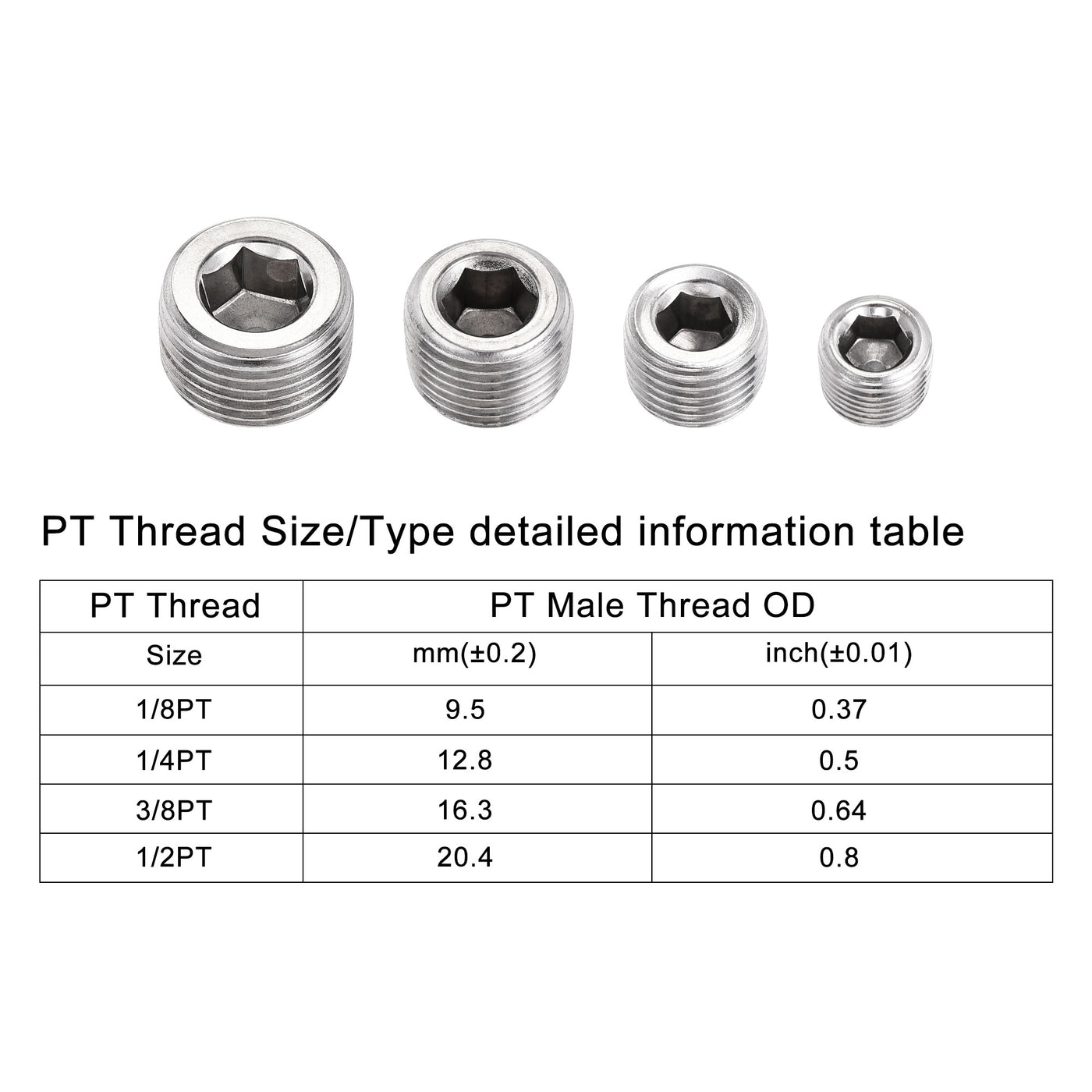 uxcell Uxcell Stainless Steel Internal Hex Pipe Plug Assortment 1/8PT 1/4PT 3/8PT 1/2PT Male Thread Socket Cap 4in1 2 Set