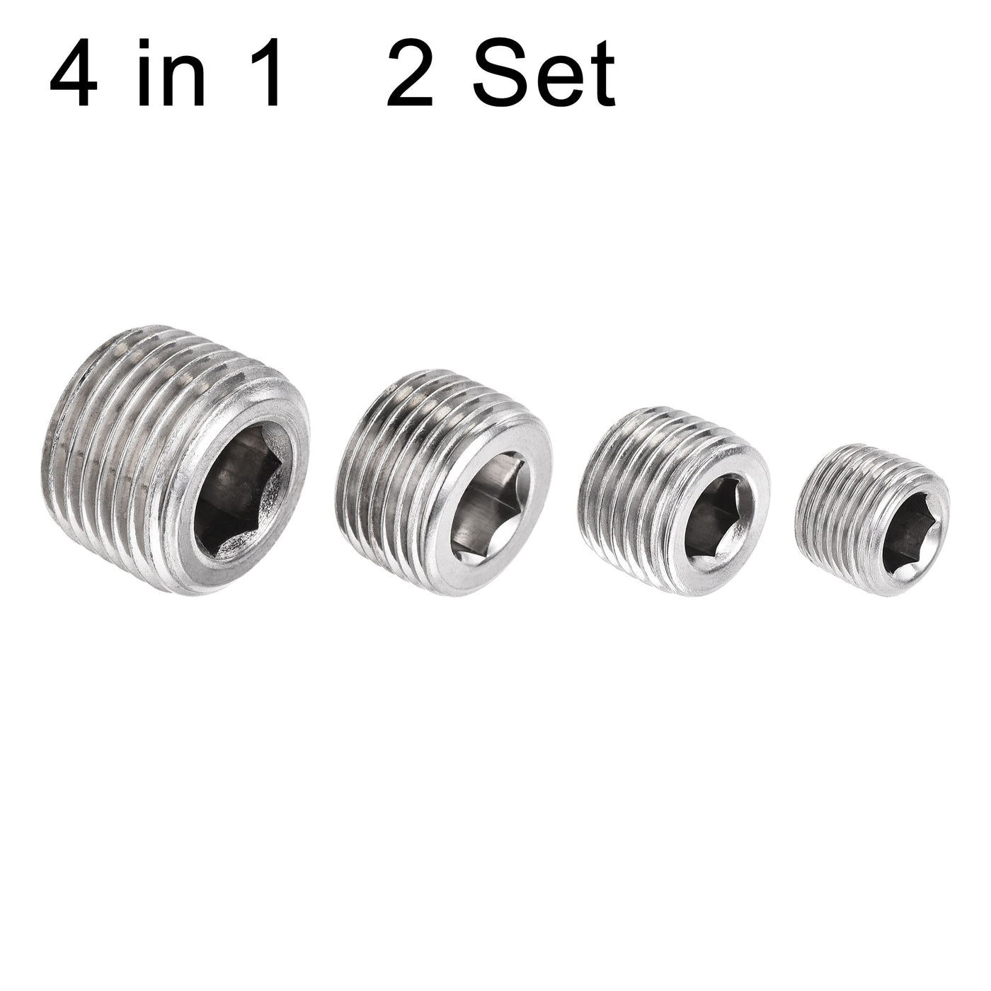 uxcell Uxcell Stainless Steel Internal Hex Pipe Plug Assortment 1/8PT 1/4PT 3/8PT 1/2PT Male Thread Socket Cap 4in1 2 Set