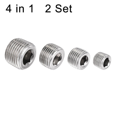 Harfington Uxcell Stainless Steel Internal Hex Pipe Plug Assortment 1/8PT 1/4PT 3/8PT 1/2PT Male Thread Socket Cap 4in1 2 Set