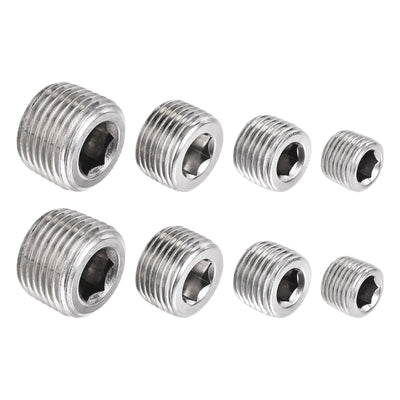 Harfington Uxcell Stainless Steel Internal Hex Pipe Plug Assortment 1/8PT 1/4PT 3/8PT 1/2PT Male Thread Socket Cap 4in1 2 Set