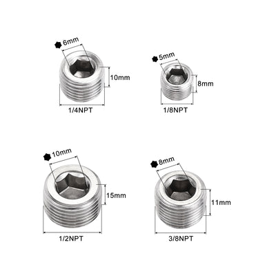 Harfington Uxcell Stainless Steel Internal Hex Pipe Plug Assortment 1/8NPT 1/4NPT 3/8NPT 1/2PT Male Thread Socket Cap 4in1 2 Set