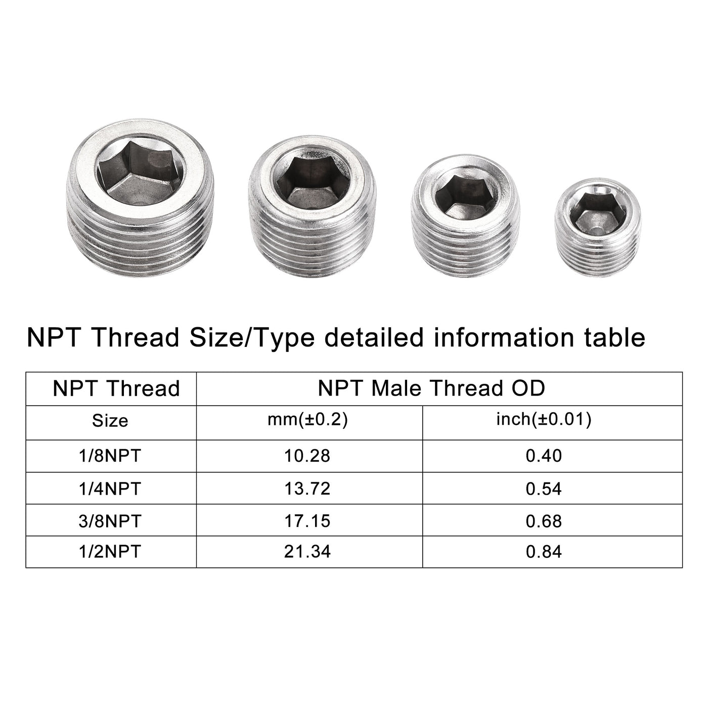 uxcell Uxcell Stainless Steel Internal Hex Pipe Plug Assortment 1/8NPT 1/4NPT 3/8NPT 1/2PT Male Thread Socket Cap 4in1 2 Set