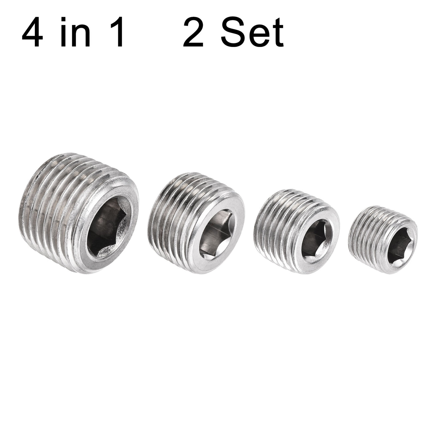 uxcell Uxcell Stainless Steel Internal Hex Pipe Plug Assortment 1/8NPT 1/4NPT 3/8NPT 1/2PT Male Thread Socket Cap 4in1 2 Set