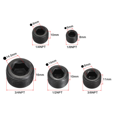 Harfington Uxcell Carbon Steel Internal Hex Pipe Plug Assortment 1/8NPT 1/4NPT 3/8NPT 1/2NPT 3/4NPT Male Thread Socket Cap 5in1 Set