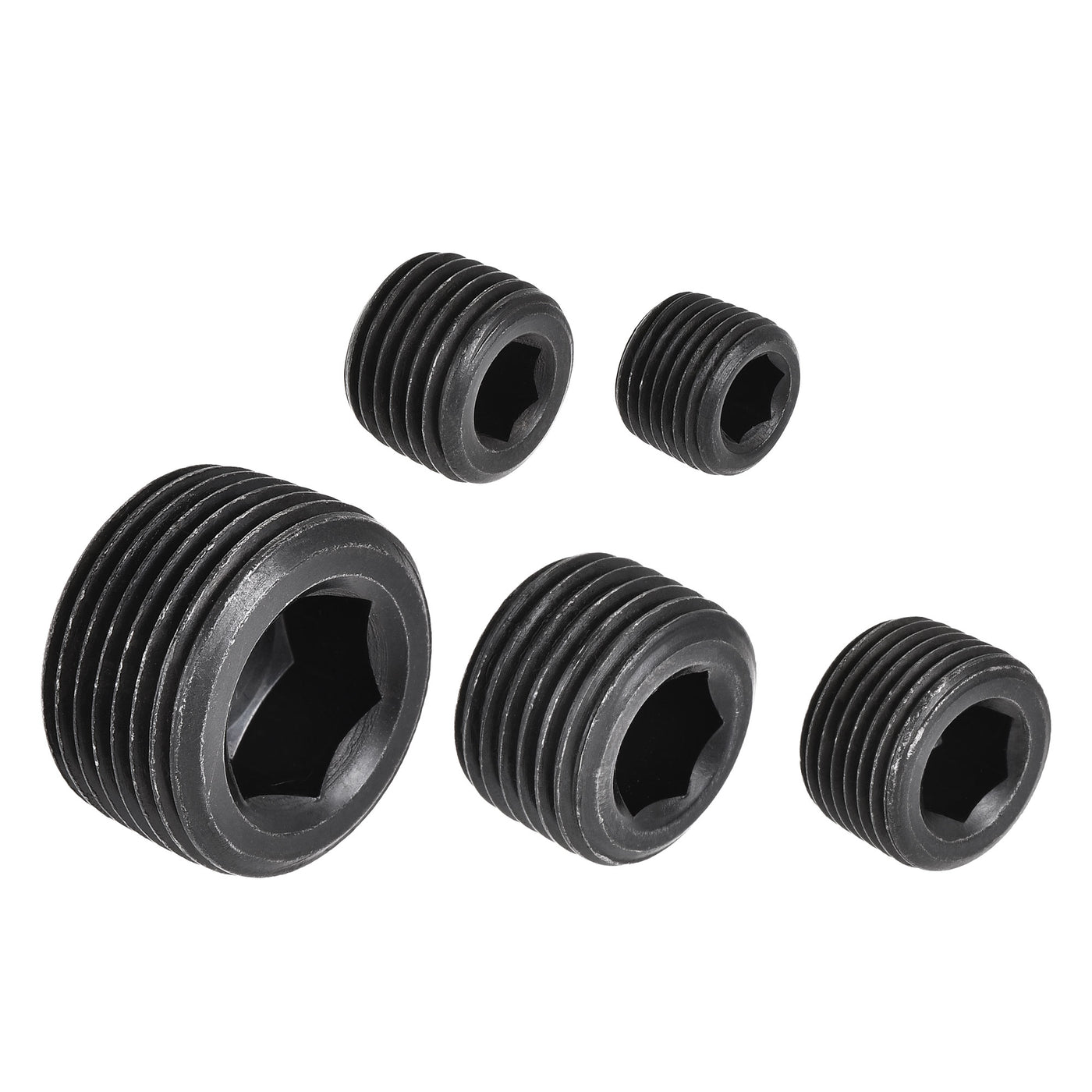 uxcell Uxcell Carbon Steel Internal Hex Pipe Plug Assortment 1/8NPT 1/4NPT 3/8NPT 1/2NPT 3/4NPT Male Thread Socket Cap 5in1 Set