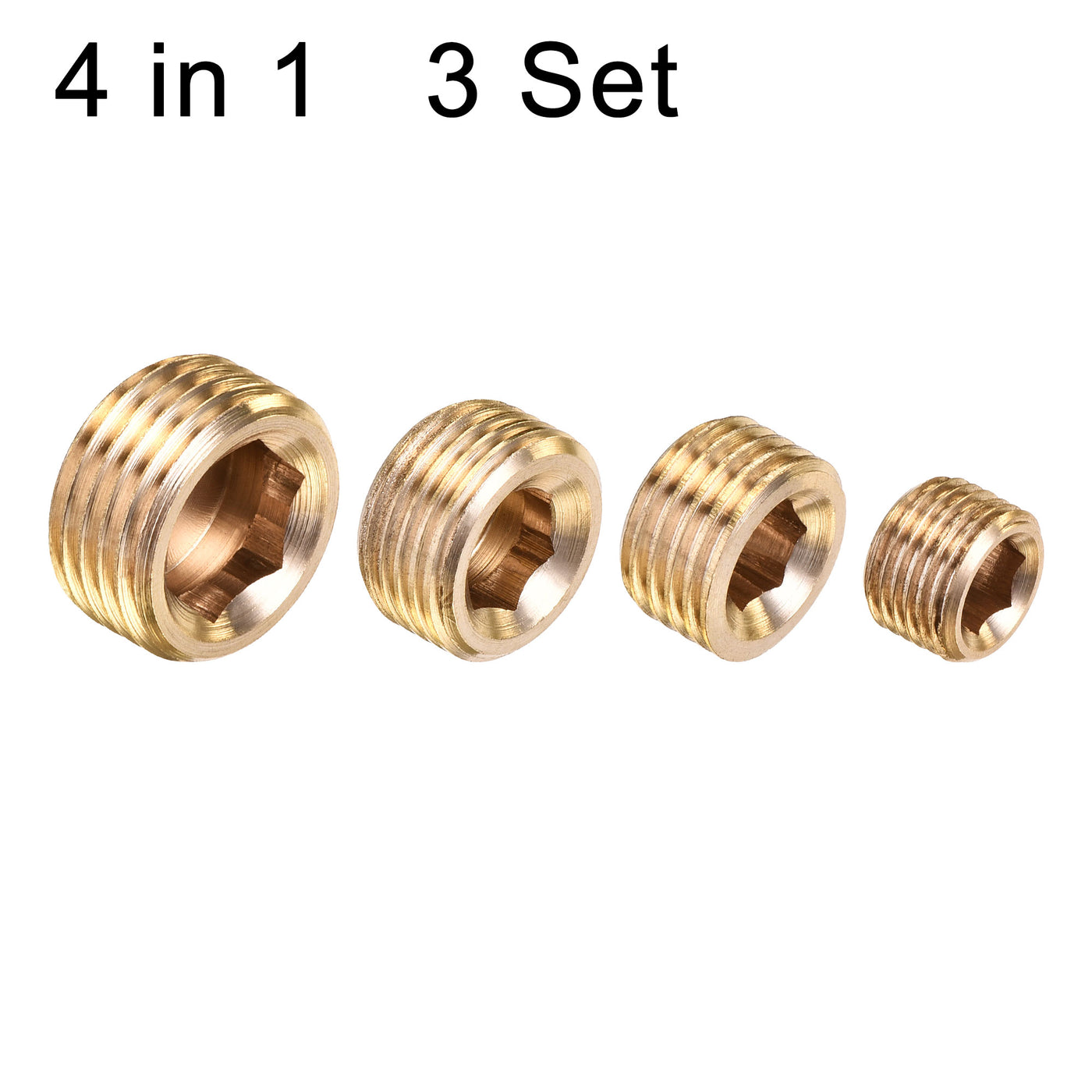 uxcell Uxcell Brass Internal Hex Pipe Plug Assortment 1/8PT 1/4PT 3/8PT 1/2PT Male Thread Socket Cap 4in1 3 Set