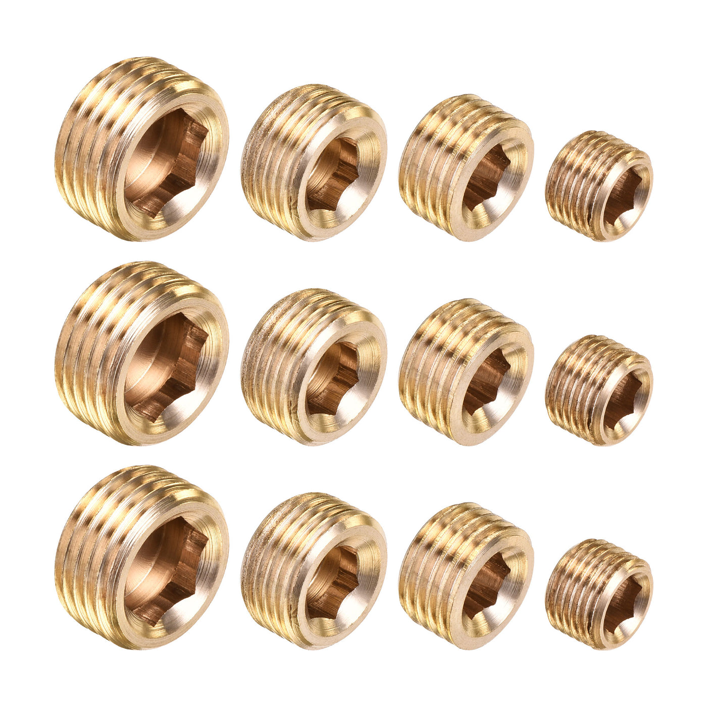 uxcell Uxcell Brass Internal Hex Pipe Plug Assortment 1/8PT 1/4PT 3/8PT 1/2PT Male Thread Socket Cap 4in1 3 Set