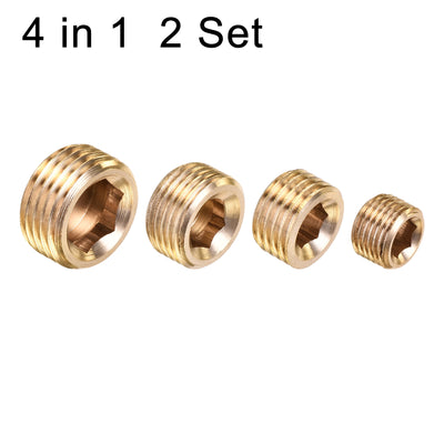 Harfington Uxcell Brass Internal Hex Pipe Plug Assortment 1/8PT 1/4PT 3/8PT 1/2PT Male Thread Socket Cap 4in1 2 Set