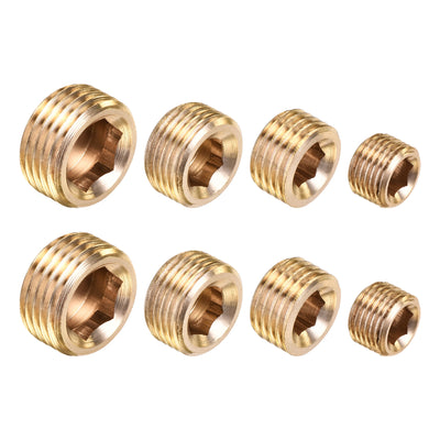 Harfington Uxcell Brass Internal Hex Pipe Plug Assortment 1/8PT 1/4PT 3/8PT 1/2PT Male Thread Socket Cap 4in1 2 Set