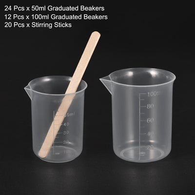 Harfington Uxcell 36 Pack Measuring Cup, 24 Pack 50ml, 12 Pack 100ml, PP Plastic Graduated Beaker Clear with 20 Pack Wooden Stirring Sticks for Lab Kitchen Liquids