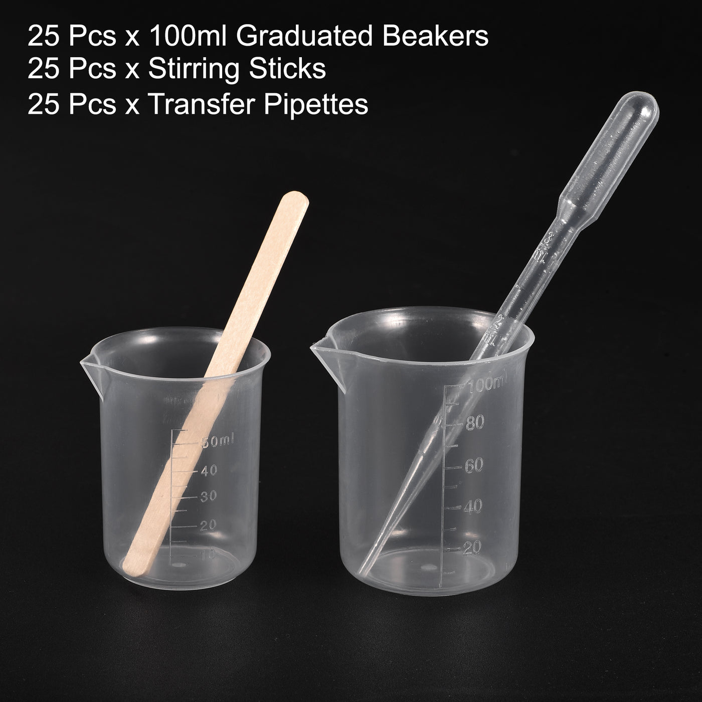 uxcell Uxcell 25 Pack Measuring Cup 100ml PP Plastic Graduated Beaker Clear with 25 Pack Wooden Stirring Sticks and 25 Pack Pipettes for Lab Kitchen Liquids