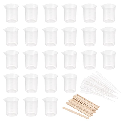 Harfington Uxcell 25 Pack Measuring Cup 100ml PP Plastic Graduated Beaker Clear with 25 Pack Wooden Stirring Sticks and 25 Pack Pipettes for Lab Kitchen Liquids