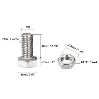 Harfington Uxcell M8 x 16mm Hex Head Screws Bolts, Nuts, Flat & Lock Washers Kits, 304 Stainless Steel Fully Thread Hexagon Bolts 4 Sets