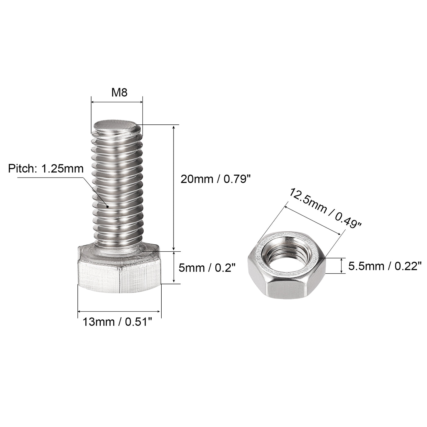 uxcell Uxcell M8 x 20mm Hex Head Screws Bolts, Nuts, Flat & Lock Washers Kits, 304 Stainless Steel Fully Thread Hexagon Bolts 4 Sets