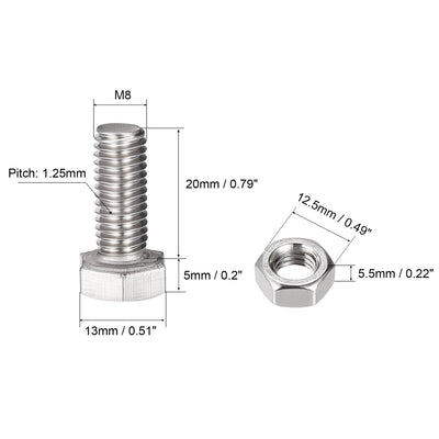 Harfington Uxcell M8 x 20mm Hex Head Screws Bolts, Nuts, Flat & Lock Washers Kits, 304 Stainless Steel Fully Thread Hexagon Bolts 4 Sets