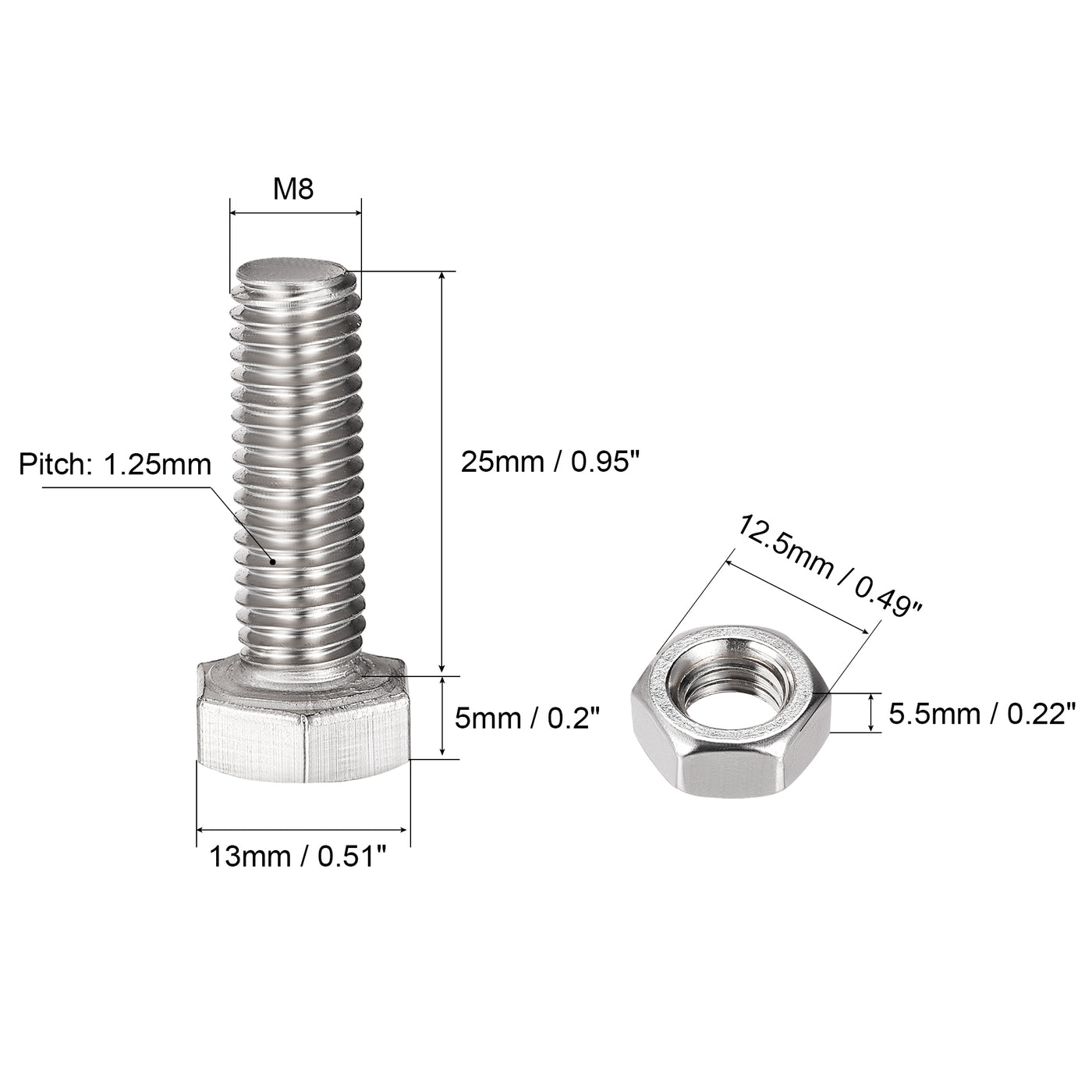 uxcell Uxcell M8 x 25mm Hex Head Screws Bolts, Nuts, Flat & Lock Washers Kits, 304 Stainless Steel Fully Thread Hexagon Bolts 6 Sets