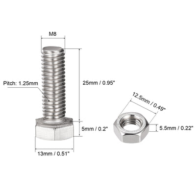 Harfington Uxcell M8 x 25mm Hex Head Screws Bolts, Nuts, Flat & Lock Washers Kits, 304 Stainless Steel Fully Thread Hexagon Bolts 6 Sets