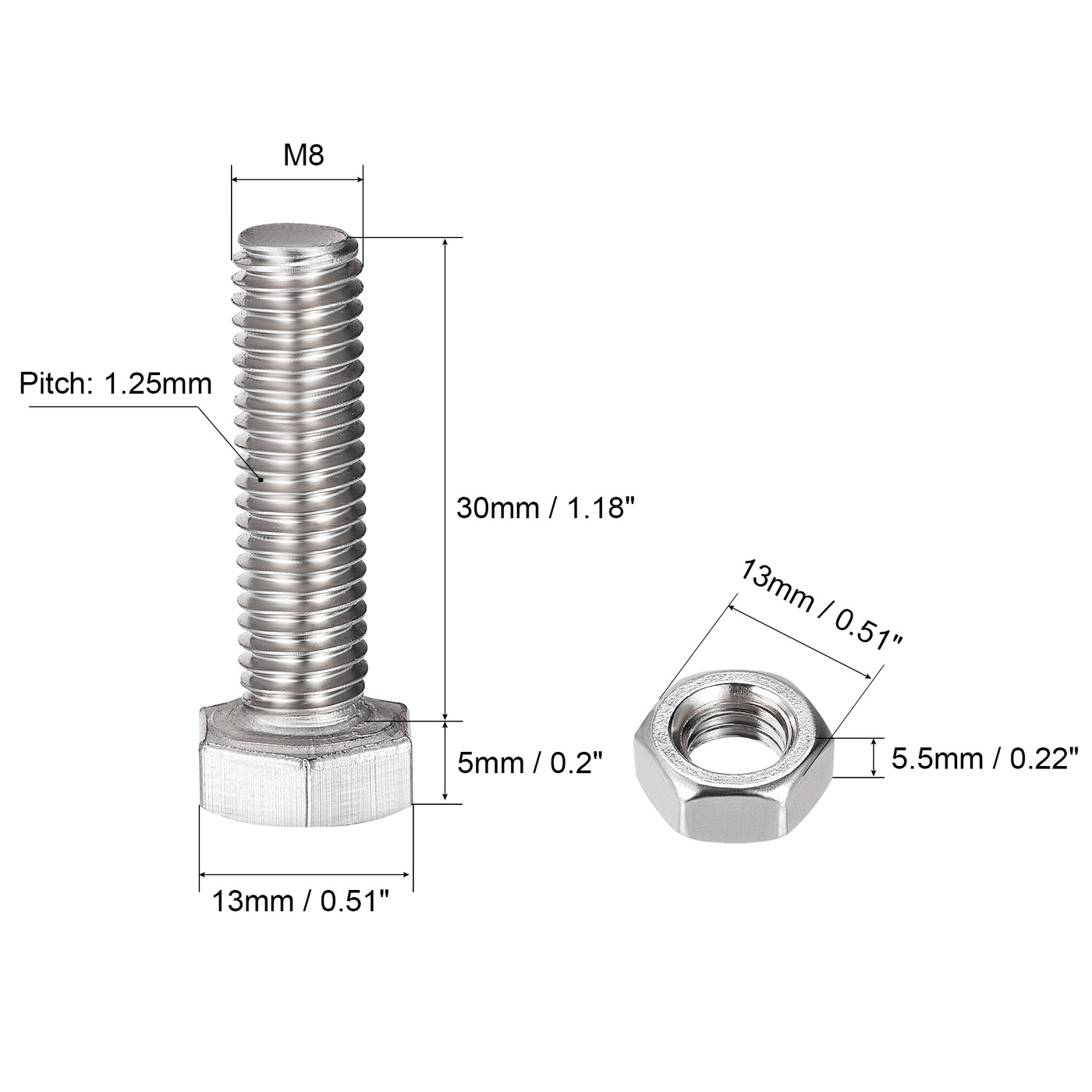 uxcell Uxcell M8 x 30mm Hex Head Screws Bolts, Nuts, Flat & Lock Washers Kits, 304 Stainless Steel Fully Thread Hexagon Bolts 4 Sets