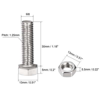 Harfington Uxcell M8 x 30mm Hex Head Screws Bolts, Nuts, Flat & Lock Washers Kits, 304 Stainless Steel Fully Thread Hexagon Bolts 4 Sets