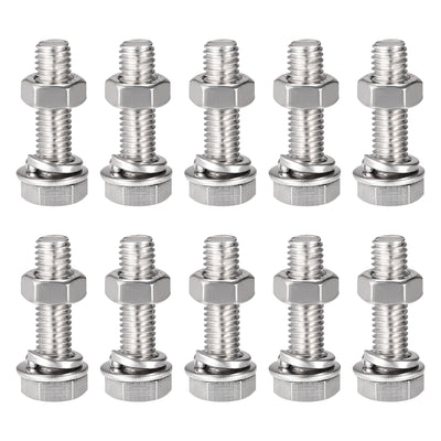 Harfington Uxcell M8 x 30mm Hex Head Screws Bolts, Nuts, Flat & Lock Washers Kits, 304 Stainless Steel Fully Thread Hexagon Bolts 10 Sets