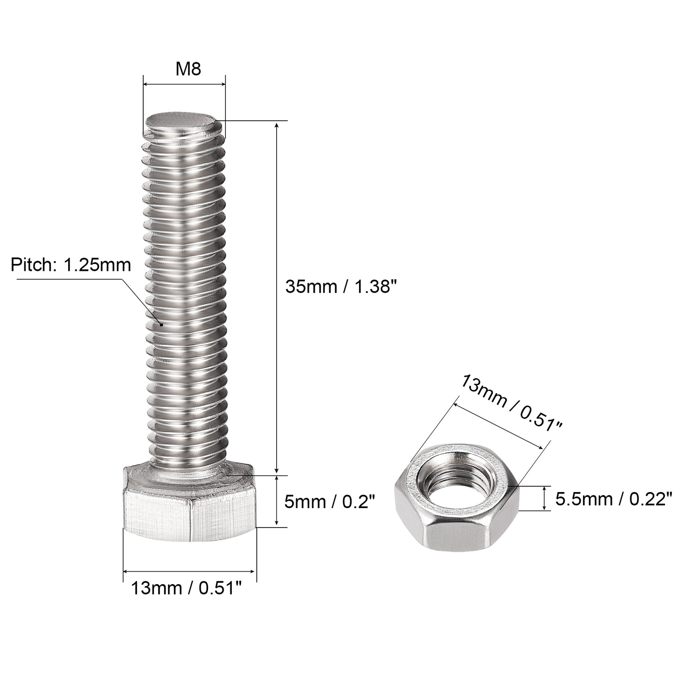 uxcell Uxcell M8 x 35mm Hex Head Screws Bolts, Nuts, Flat & Lock Washers Kits, 304 Stainless Steel Fully Thread Hexagon Bolts 6 Sets