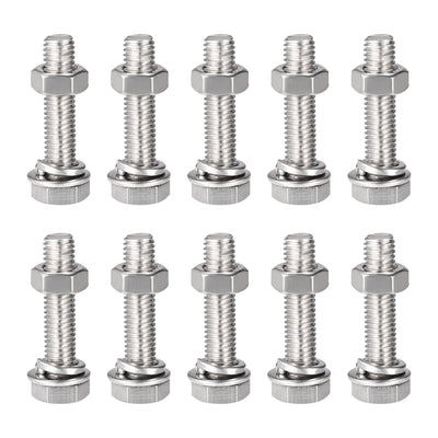 Harfington Uxcell M8 x 35mm Hex Head Screws Bolts, Nuts, Flat & Lock Washers Kits, 304 Stainless Steel Fully Thread Hexagon Bolts 10 Sets