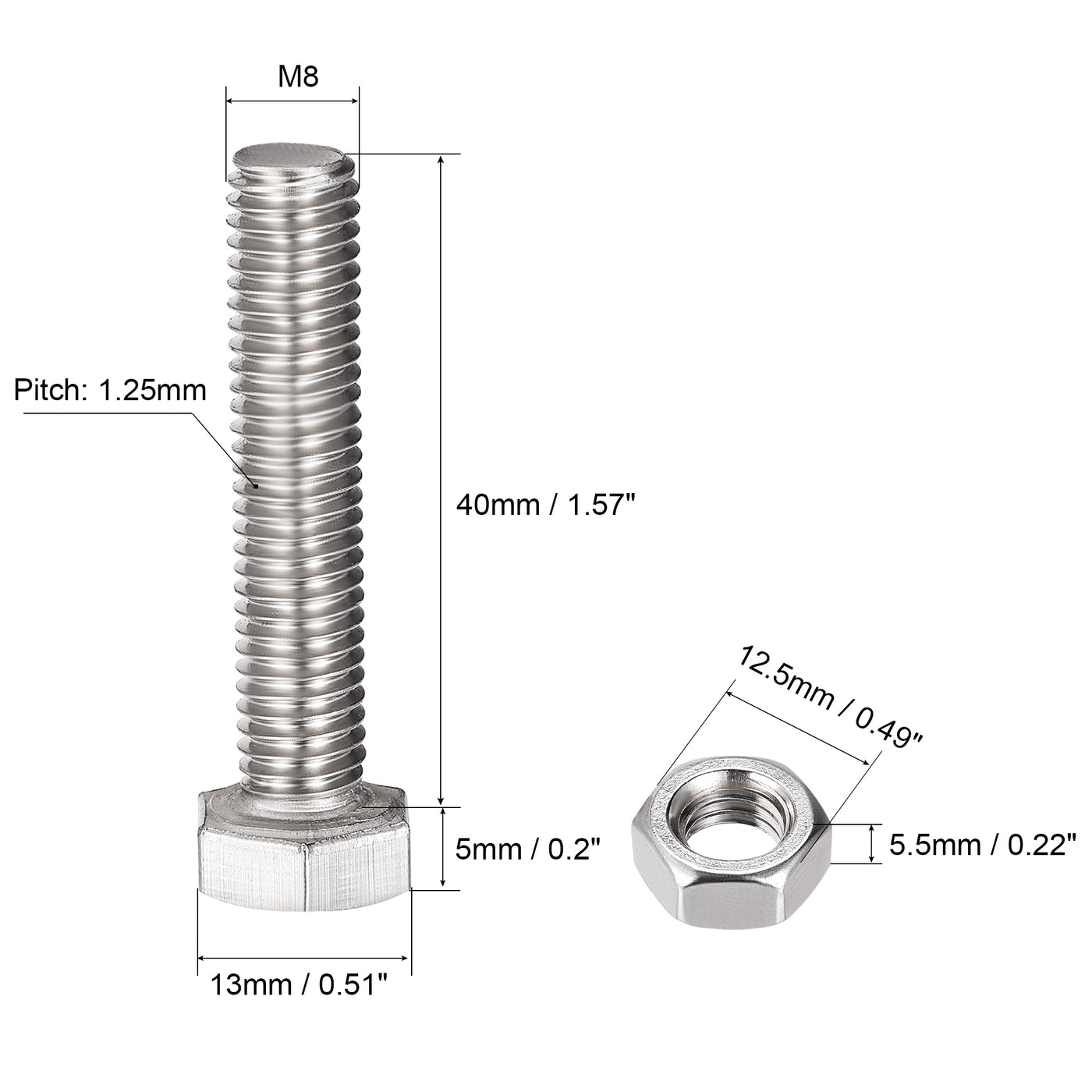 uxcell Uxcell M8 x 40mm Hex Head Screws Bolts, Nuts, Flat & Lock Washers Kits, 304 Stainless Steel Fully Thread Hexagon Bolts 10 Sets