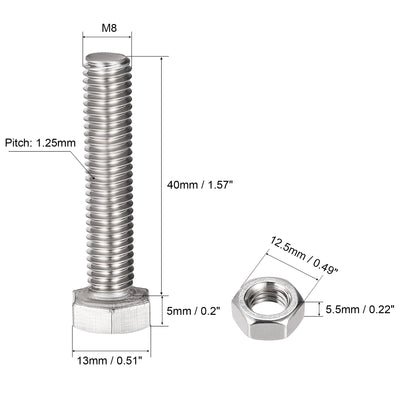 Harfington Uxcell M8 x 40mm Hex Head Screws Bolts, Nuts, Flat & Lock Washers Kits, 304 Stainless Steel Fully Thread Hexagon Bolts 10 Sets