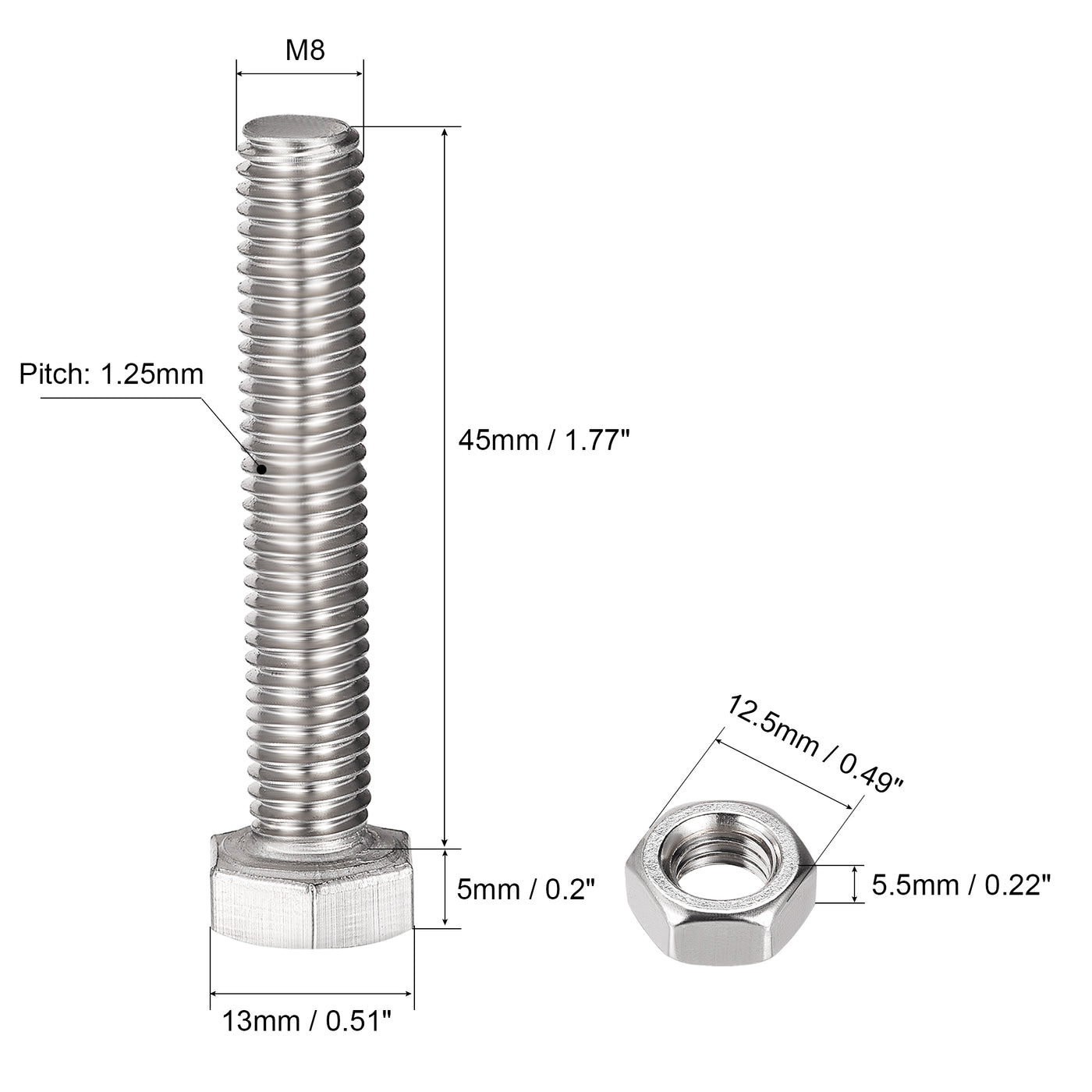 uxcell Uxcell M8 x 45mm Hex Head Screws Bolts, Nuts, Flat & Lock Washers Kits, 304 Stainless Steel Fully Thread Hexagon Bolts 4 Sets