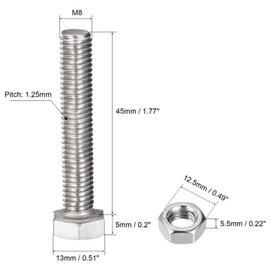 Harfington Uxcell M8 x 45mm Hex Head Screws Bolts, Nuts, Flat & Lock Washers Kits, 304 Stainless Steel Fully Thread Hexagon Bolts 4 Sets