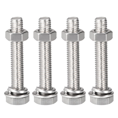 Harfington Uxcell M8 x 45mm Hex Head Screws Bolts, Nuts, Flat & Lock Washers Kits, 304 Stainless Steel Fully Thread Hexagon Bolts 4 Sets