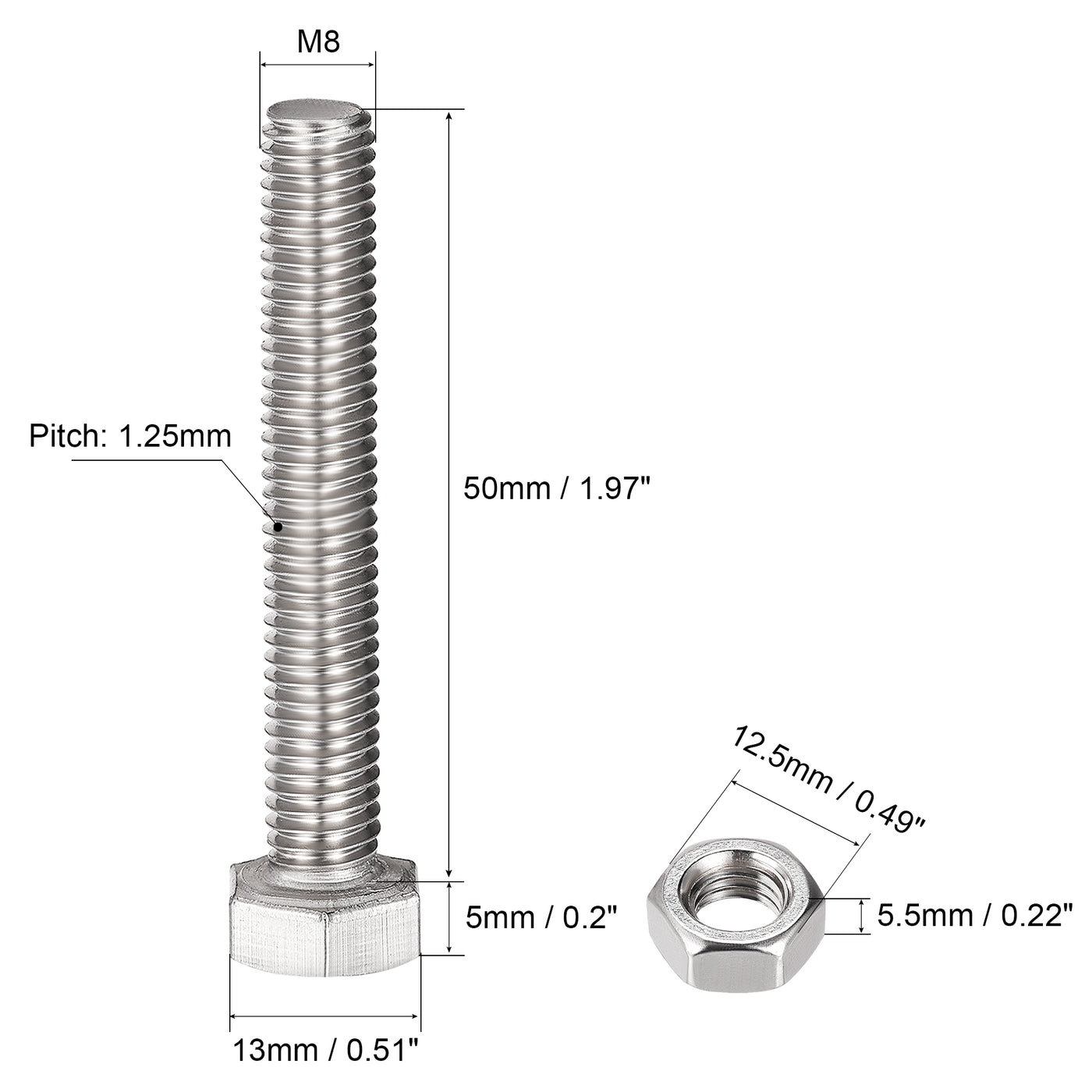 uxcell Uxcell M8 x 50mm Hex Head Screws Bolts, Nuts, Flat & Lock Washers Kits, 304 Stainless Steel Fully Thread Hexagon Bolts 4 Sets