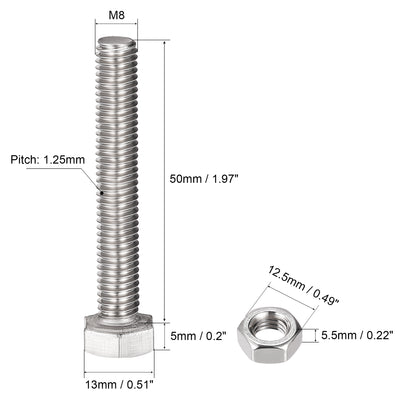 Harfington Uxcell M8 x 50mm Hex Head Screws Bolts, Nuts, Flat & Lock Washers Kits, 304 Stainless Steel Fully Thread Hexagon Bolts 4 Sets