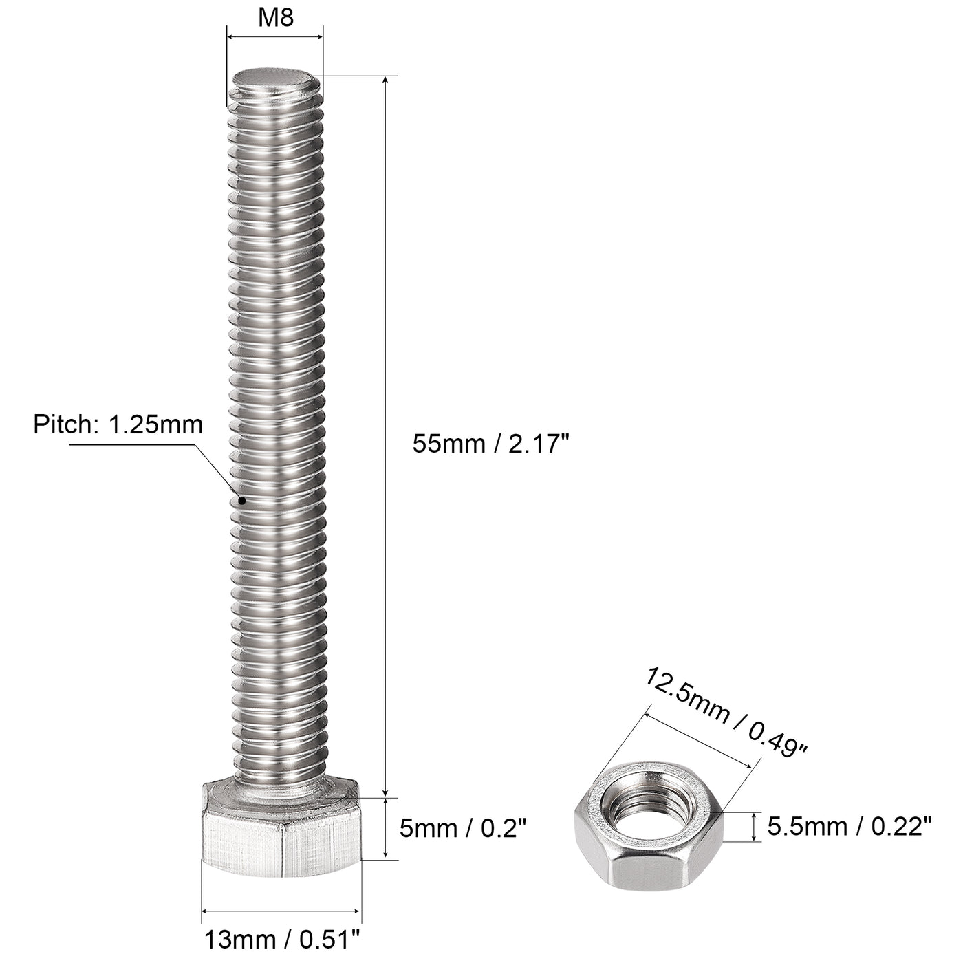 uxcell Uxcell M8 x 55mm Hex Head Screws Bolts, Nuts, Flat & Lock Washers Kits, 304 Stainless Steel Fully Thread Hexagon Bolts 4 Sets