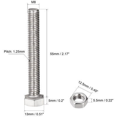 Harfington Uxcell M8 x 55mm Hex Head Screws Bolts, Nuts, Flat & Lock Washers Kits, 304 Stainless Steel Fully Thread Hexagon Bolts 4 Sets