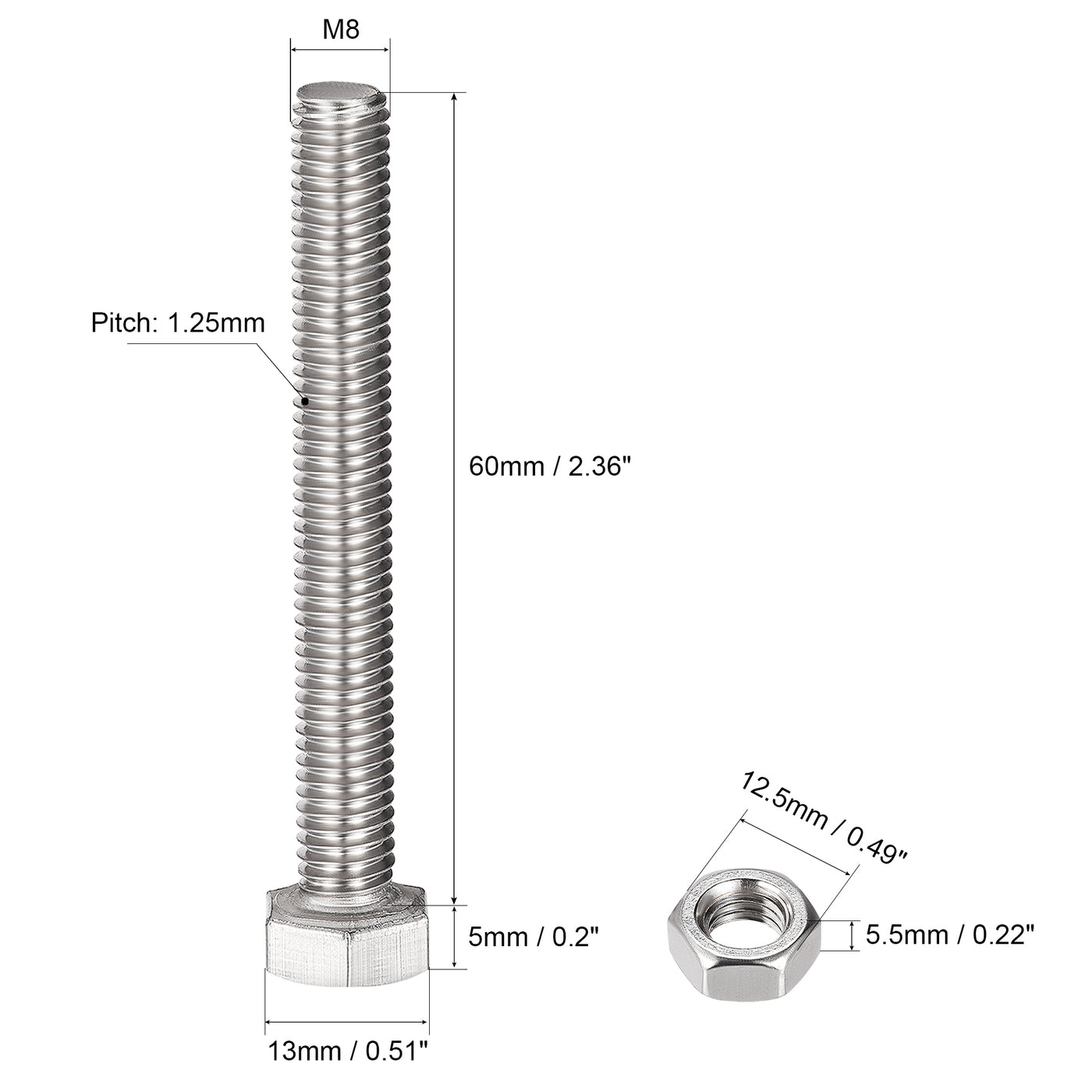 uxcell Uxcell M8 x 60mm Hex Head Screws Bolts, Nuts, Flat & Lock Washers Kits, 304 Stainless Steel Fully Thread Hexagon Bolts 6 Sets