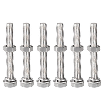 Harfington Uxcell M8 x 60mm Hex Head Screws Bolts, Nuts, Flat & Lock Washers Kits, 304 Stainless Steel Fully Thread Hexagon Bolts 6 Sets