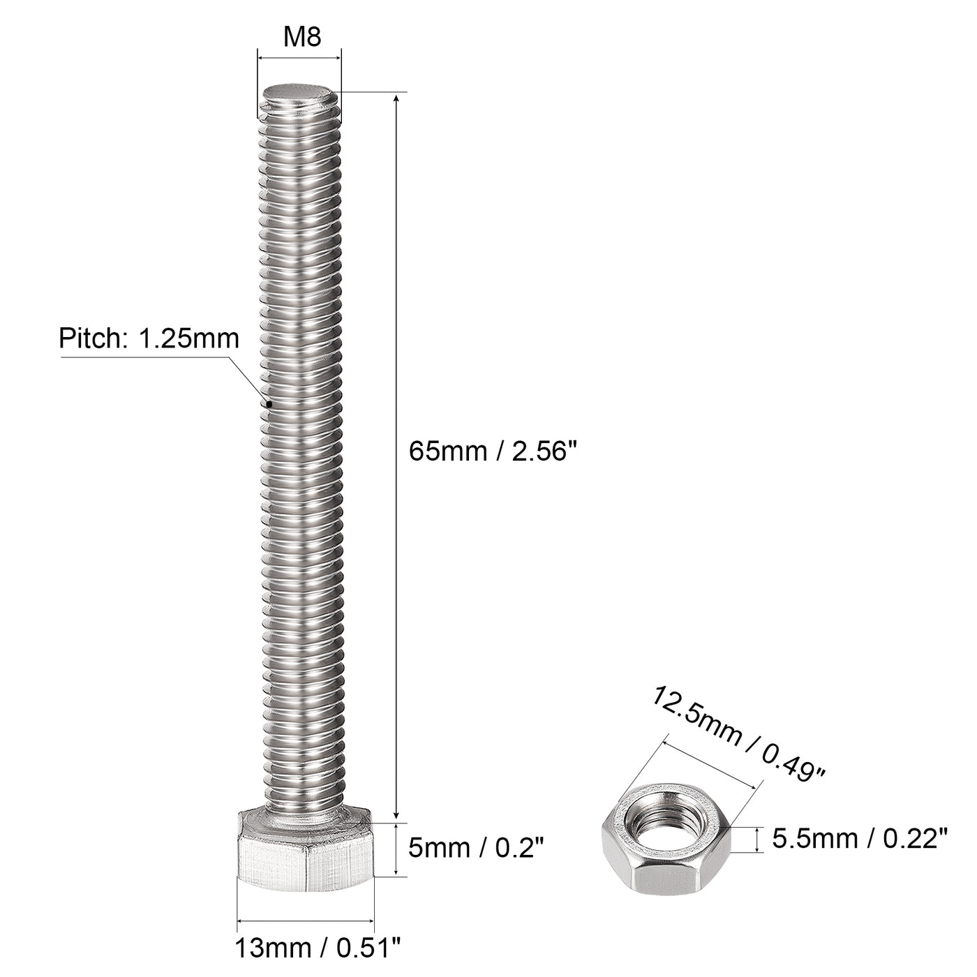 uxcell Uxcell M8 x 65mm Hex Head Screws Bolts, Nuts, Flat & Lock Washers Kits, 304 Stainless Steel Fully Thread Hexagon Bolts 4 Sets